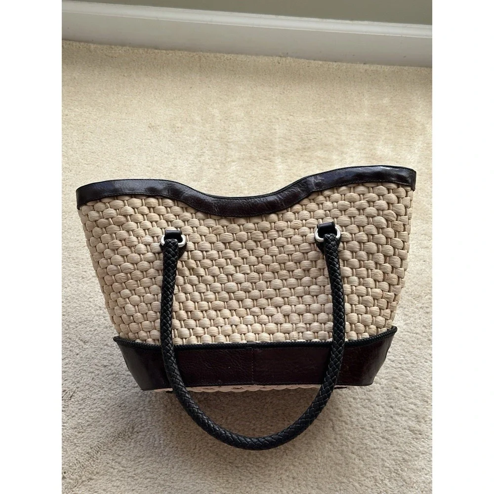 Brighton Vintage Straw Leather Tote, Floral Print Lined Purse‎ With Dust Bag